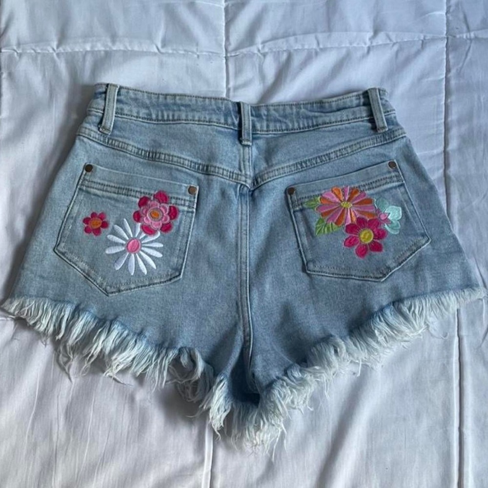 Dolls Kill Light Wash Denim Jean Shorts with Floral Embroidered Pockets